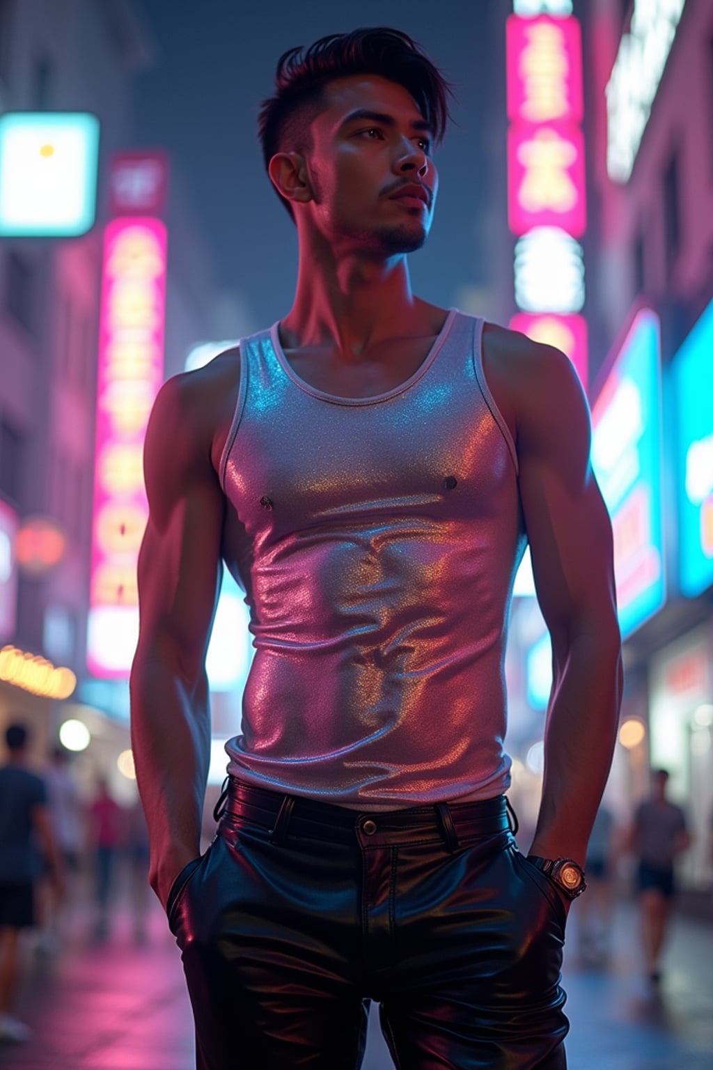 man wearing sleek leather pants with neon highlights and holographic top in a Bladerunner-inspired cityscape