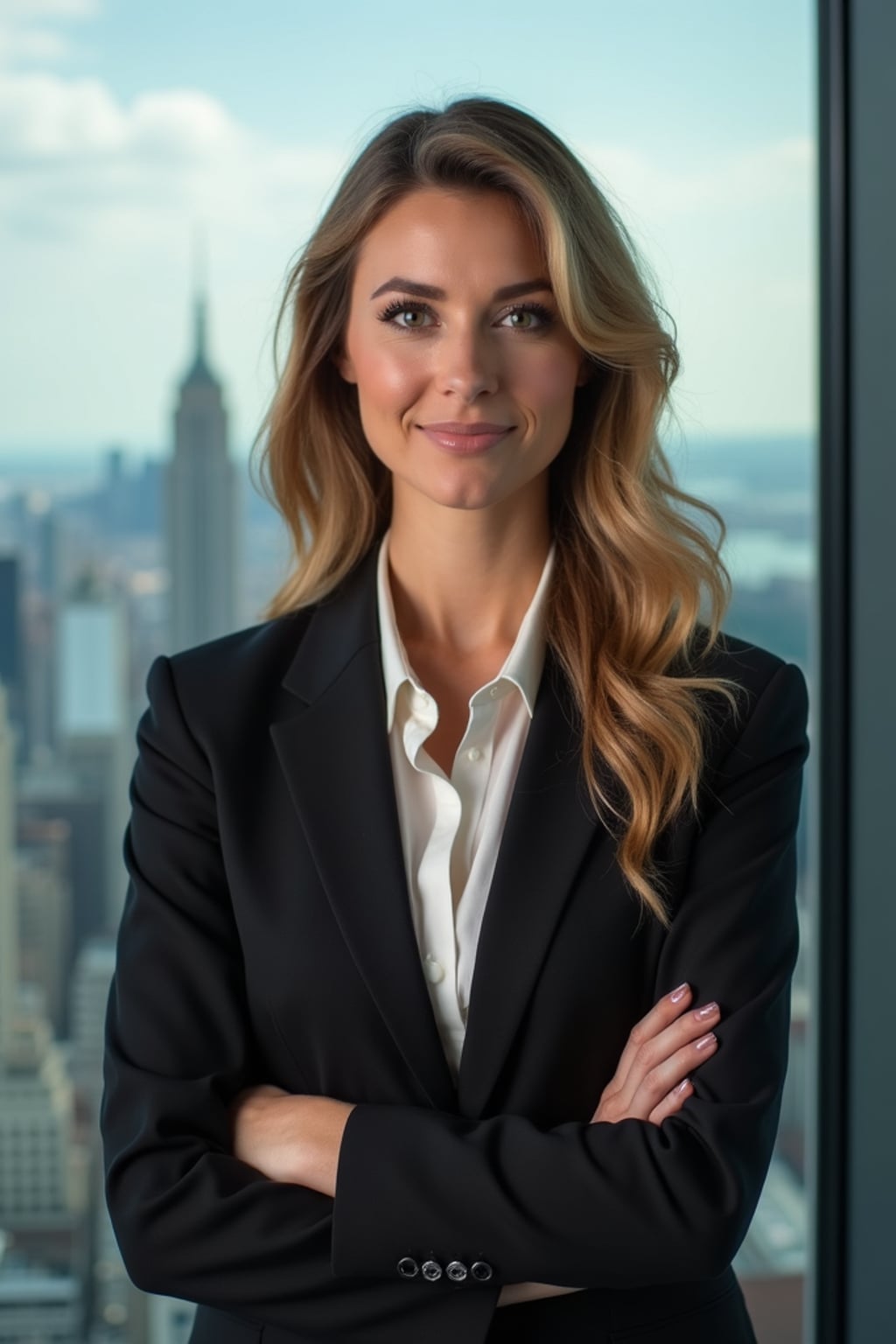 8k professional headshot of woman, crisp details, studio backdrop, executive attire, confident posture, neutral expression, high-definition, corporate setting, sharp focus, ambient lighting, business professional, cityscape view