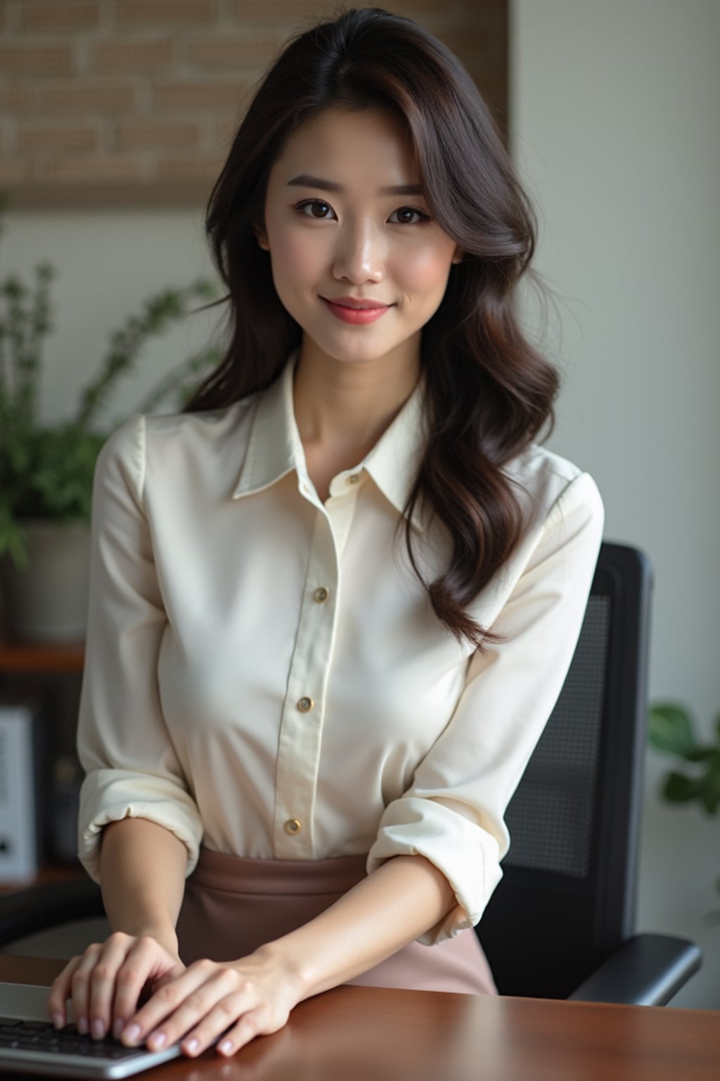 headshot of woman, sitting at a desk, at a (office), BREAK elegant blouse, pencil skirt, makeup