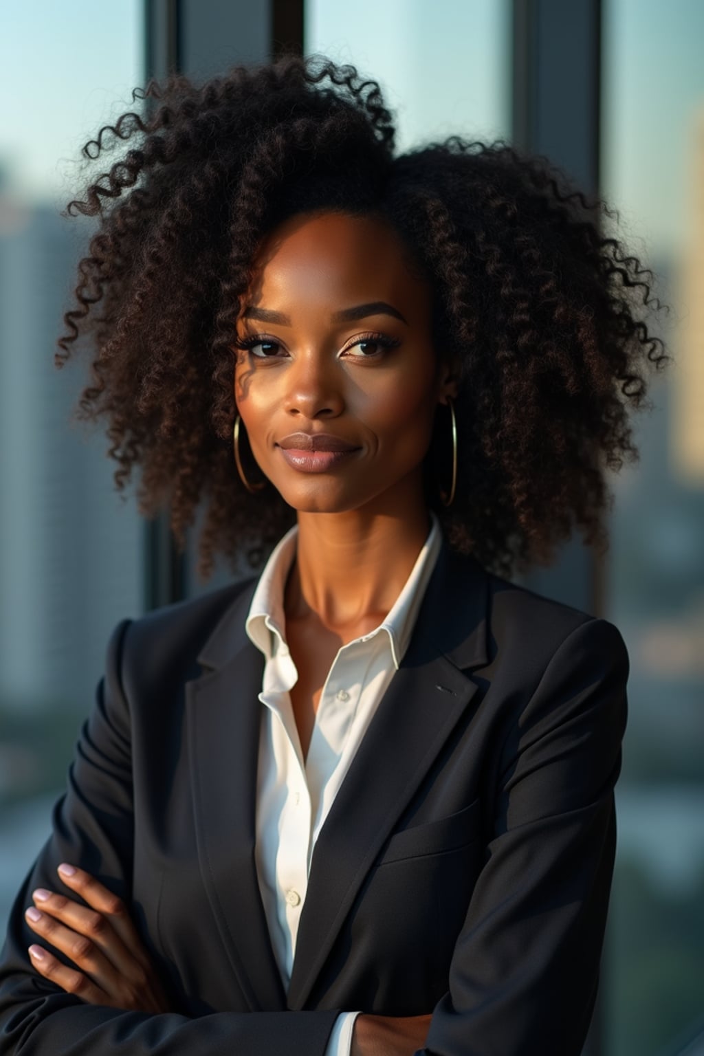 8k professional headshot of woman, crisp details, studio backdrop, executive attire, confident posture, neutral expression, high-definition, corporate setting, sharp focus, ambient lighting, business professional, cityscape view