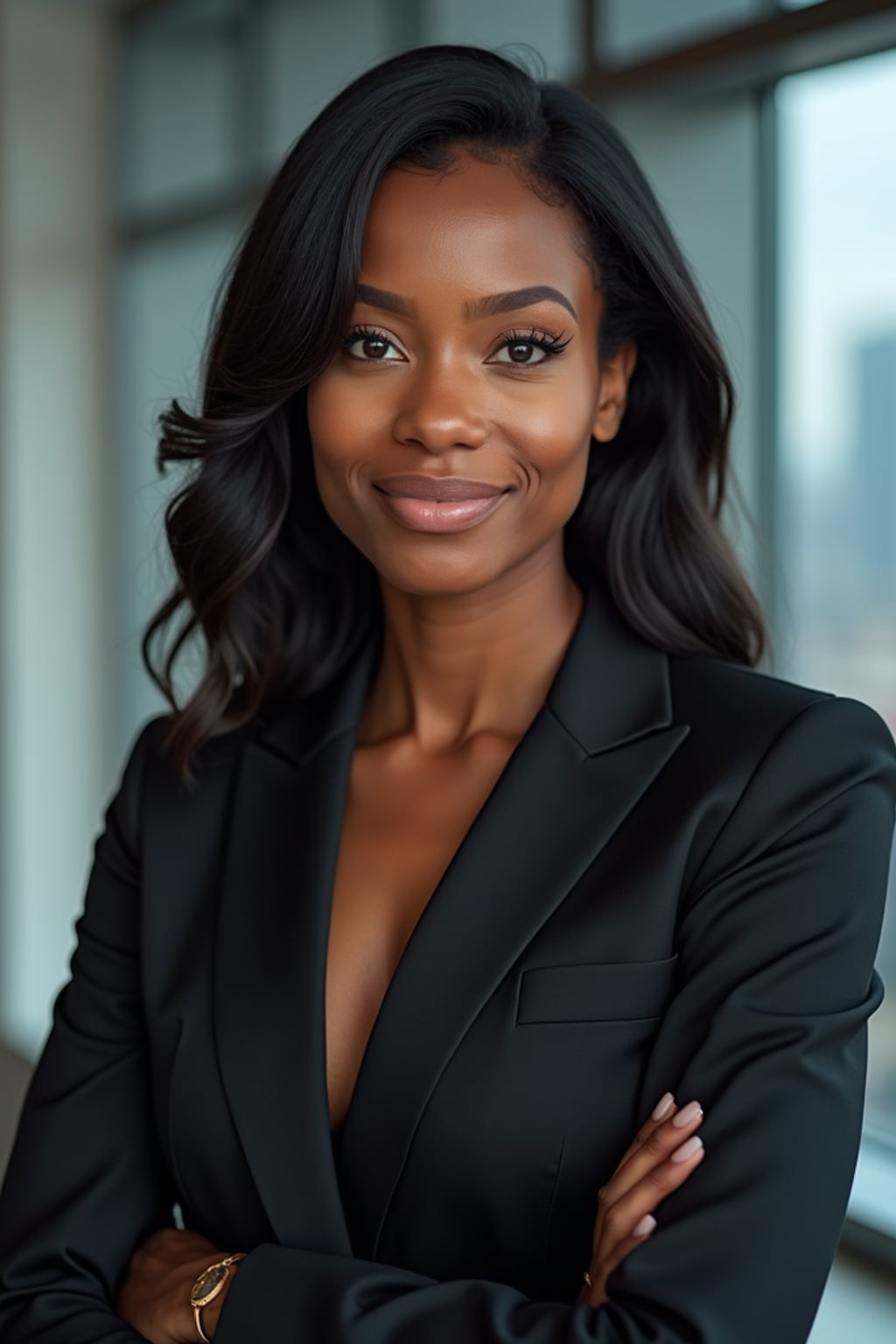 8k professional headshot of woman, crisp details, studio backdrop, executive attire, confident posture, neutral expression, high-definition, corporate setting, sharp focus, ambient lighting, business professional, cityscape view