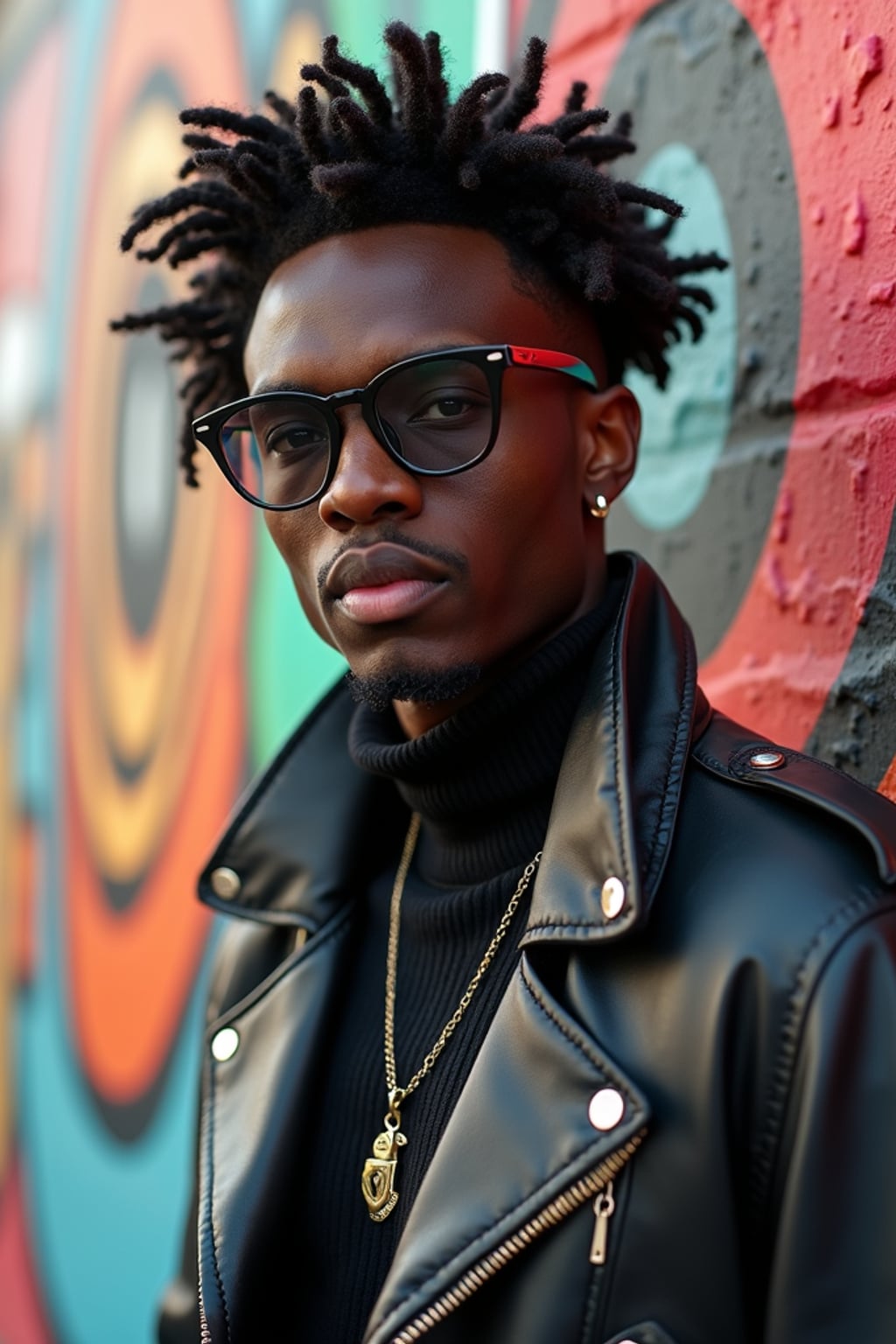 a fashionable masculine  man posing in front of street art