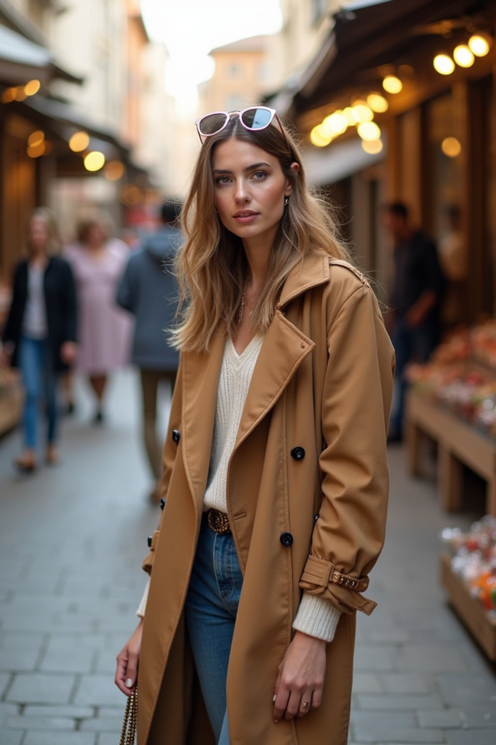 a stylish  feminine woman exploring a street market