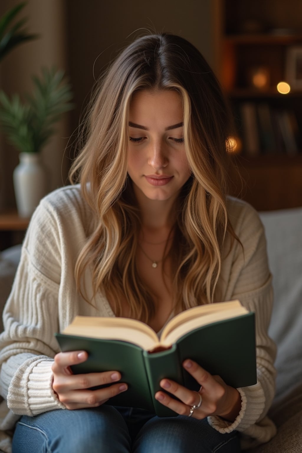 feminine woman reading a book in a cozy home environment
