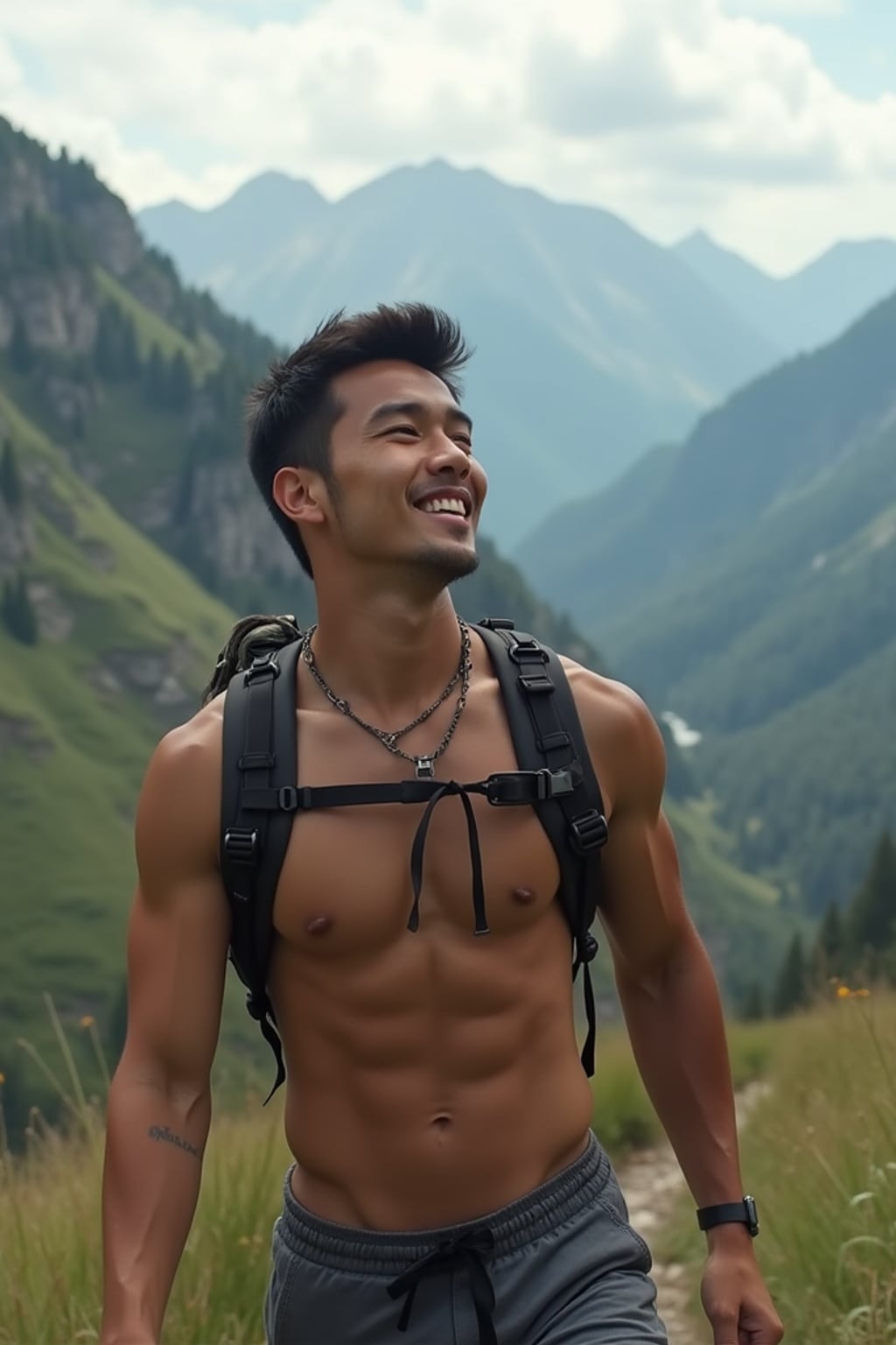 masculine  man in going hiking outdoors in mountains