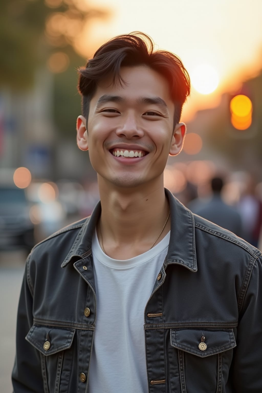 headshot of smiling man wearing casual clothes posing for dating app headshot. outdoor blurry background. the lighting is warm, possibly from a setting sun, creating a soft glow around him, enhancing the casual and relaxed vibe of the image. the setting seems to be outdoors, likely in an urban environment, with the blurred background hinting at a street or park-like area. this image likely portrays a youthful, active, and approachable individual, possibly in a lifestyle or fashion-related context.