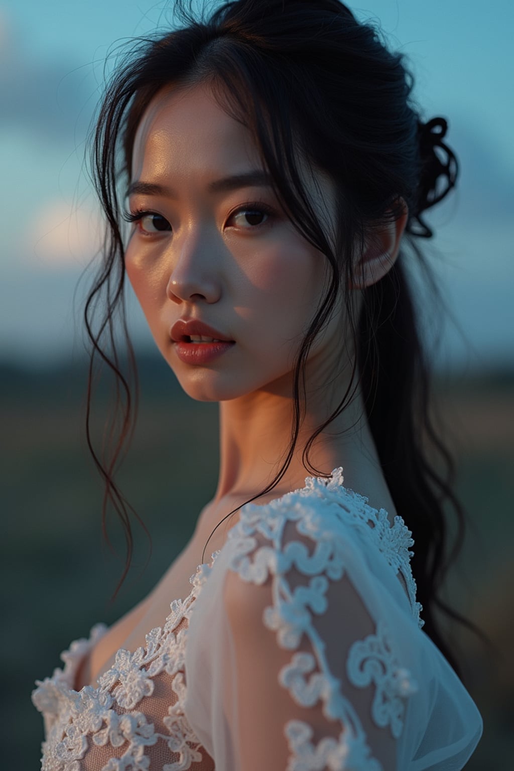 woman with enticing gaze, adorned with a delicate lace outfit  against a twilight backdrop