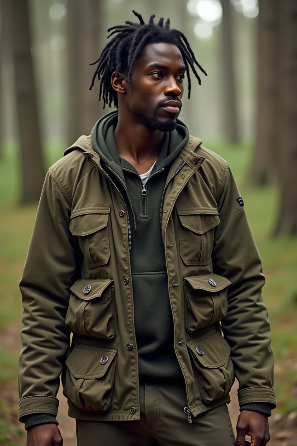 man with enticing allure in  rugged outdoor outfit in a serene forest setting
