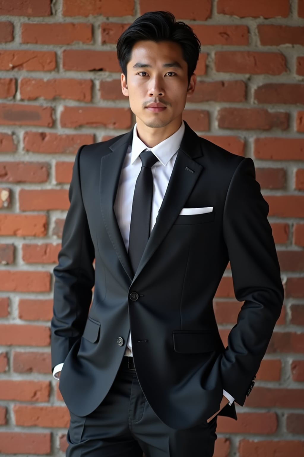 (full-body shot) of man in  sharp, tailored suit against a classic brick wall background