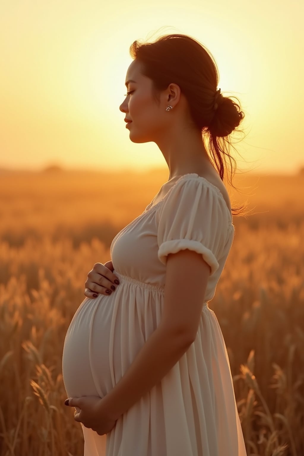 healthy pregnant woman in maternity photographs, beautiful pregnant woman, maternity photography in field of wheat. golden hour