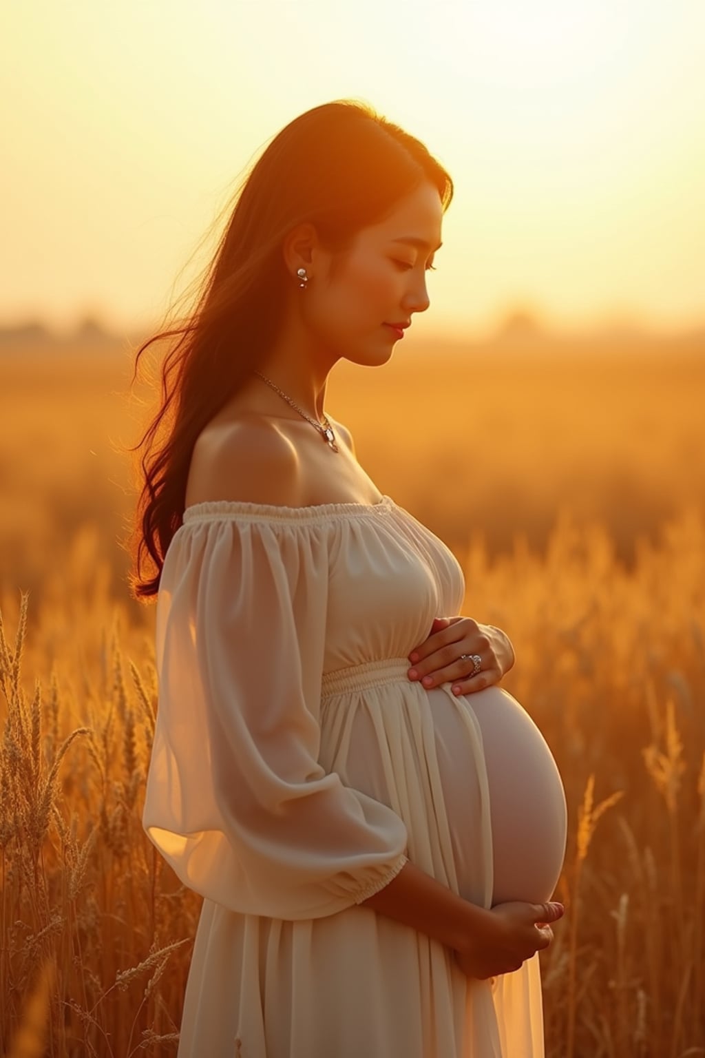 healthy pregnant woman in maternity photographs, beautiful pregnant woman, maternity photography in field of wheat. golden hour