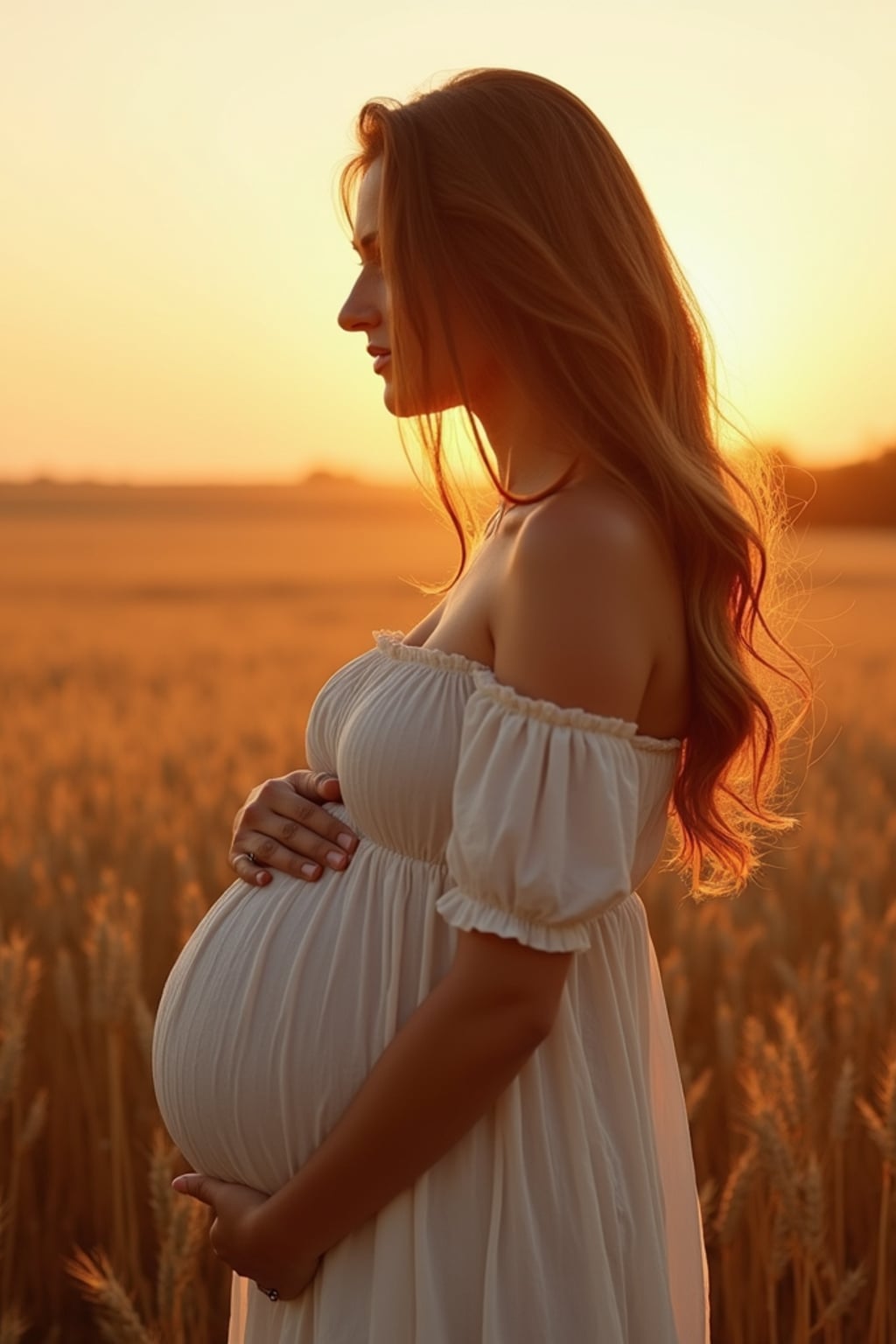 healthy pregnant woman in maternity photographs, beautiful pregnant woman, maternity photography in field of wheat. golden hour