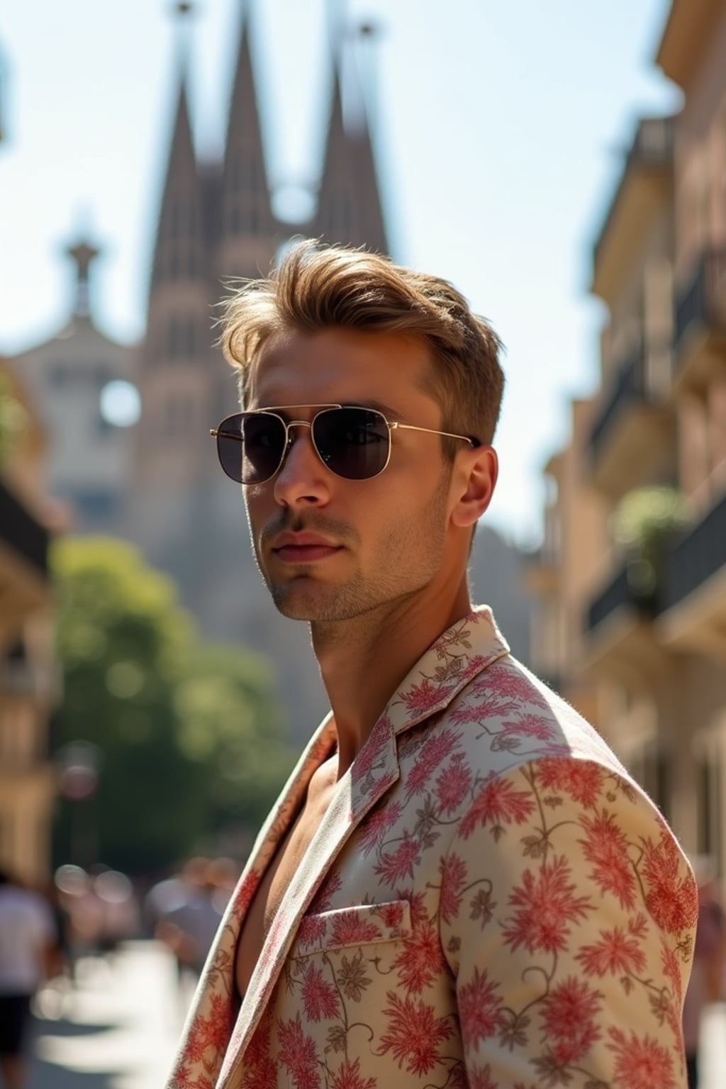 sharp and trendy man in Barcelona wearing a stylish summer outfit, La Sagrada Família in the background