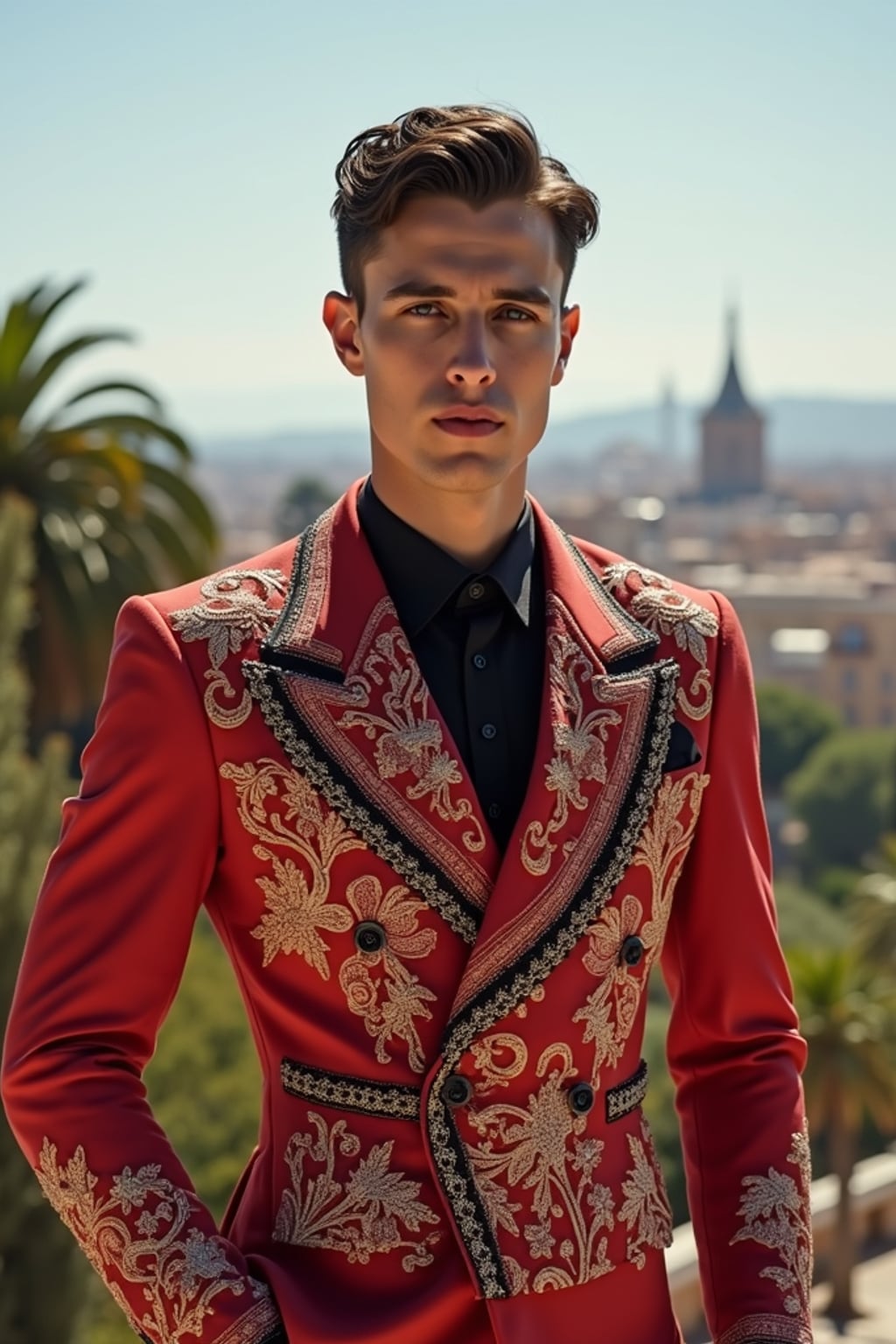 sharp and trendy man in Barcelona wearing a flamenco-inspired dress/suit, Park Güell in the background