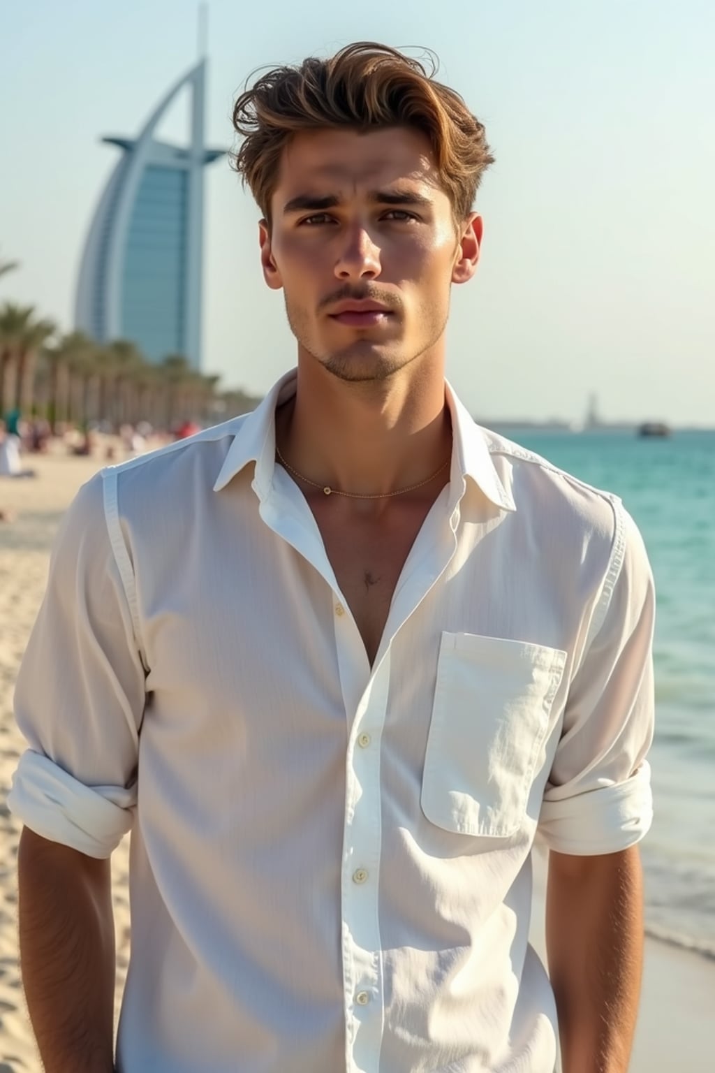 sharp and trendy man in Dubai wearing a stylish sundress/linen shirt, the Atlantis hotel in the background