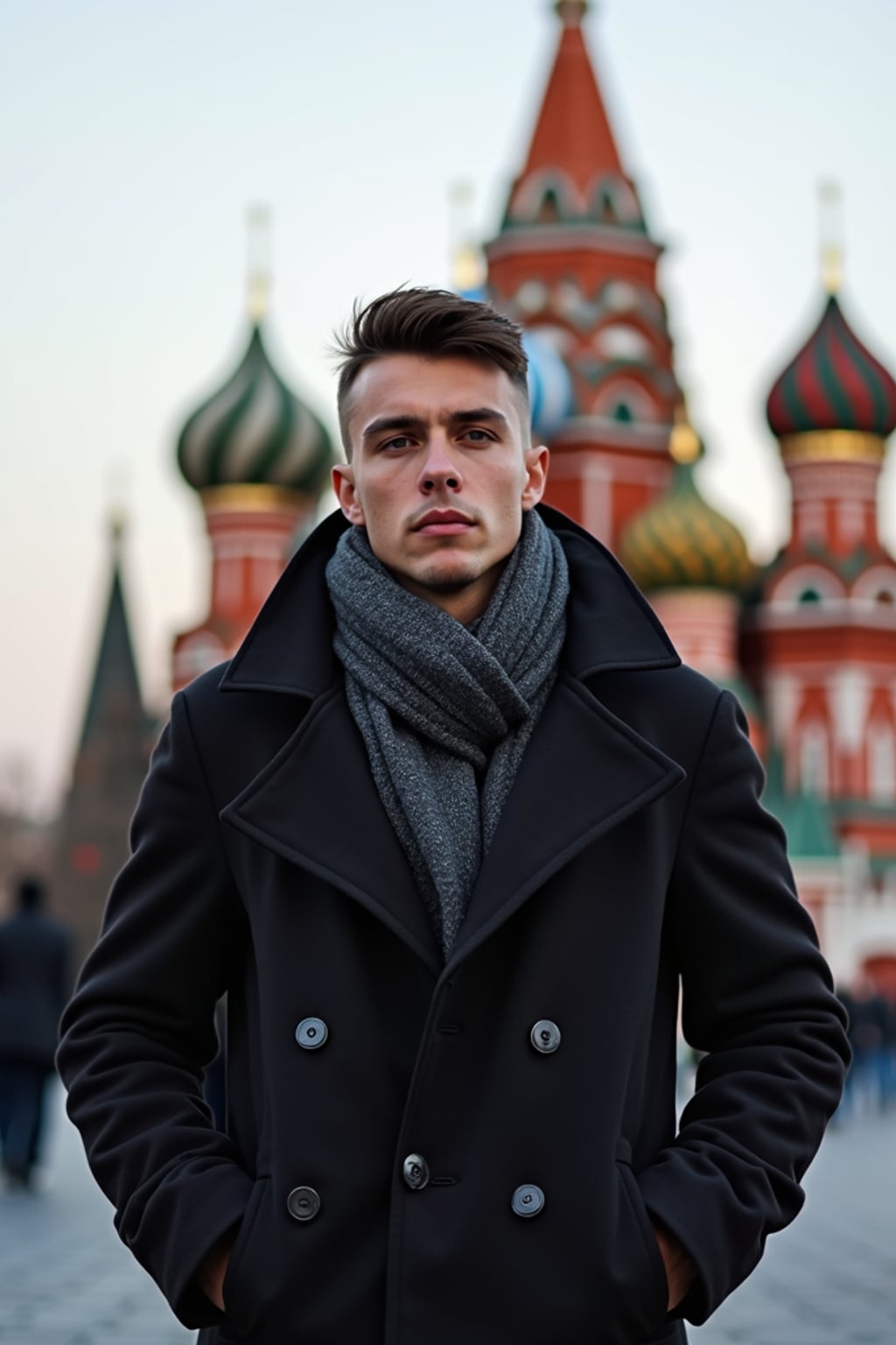 sharp and trendy man in Moscow wearing a stylish coat and scarf, Saint Basil's Cathedral in the background