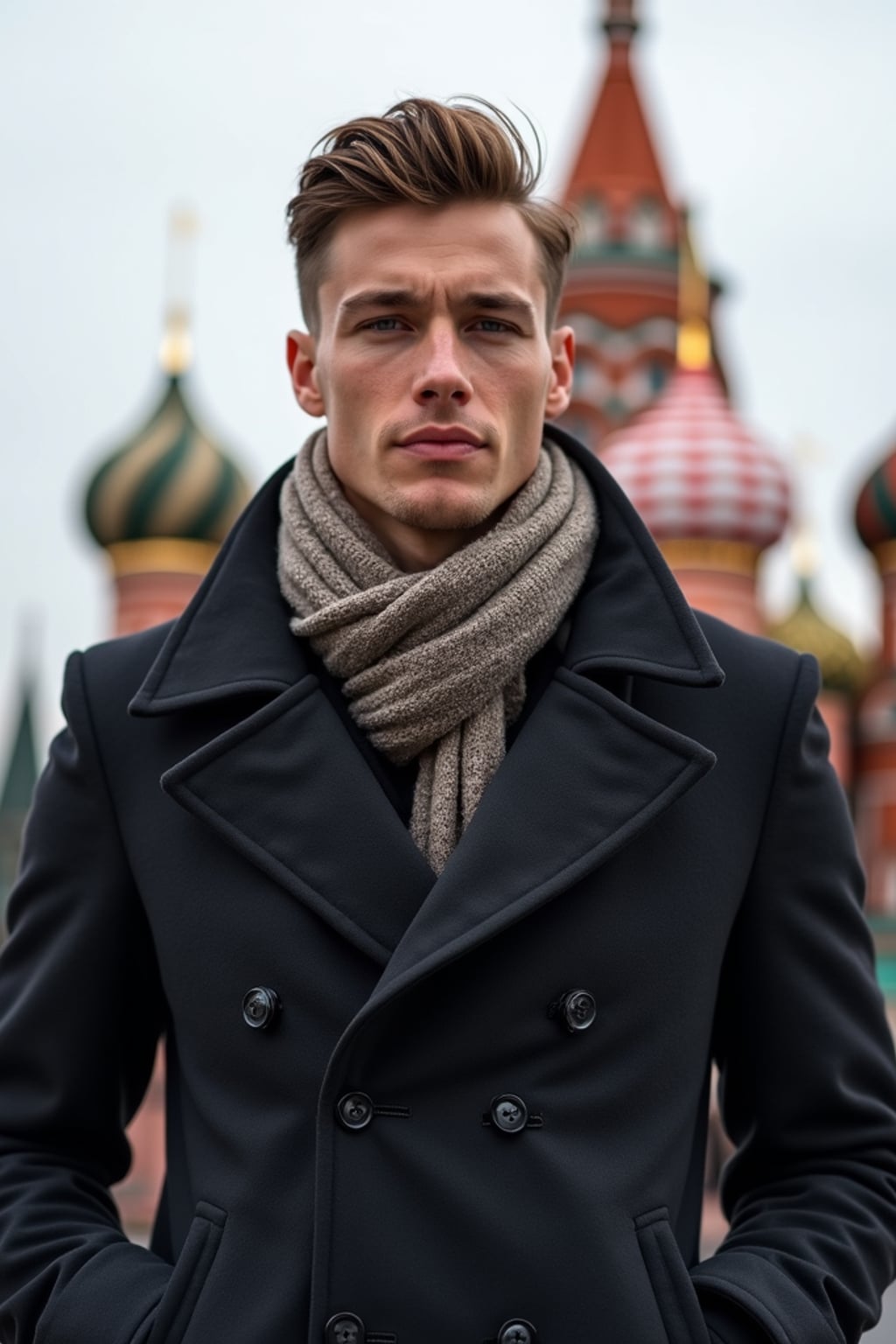 sharp and trendy man in Moscow wearing a stylish coat and scarf, Saint Basil's Cathedral in the background