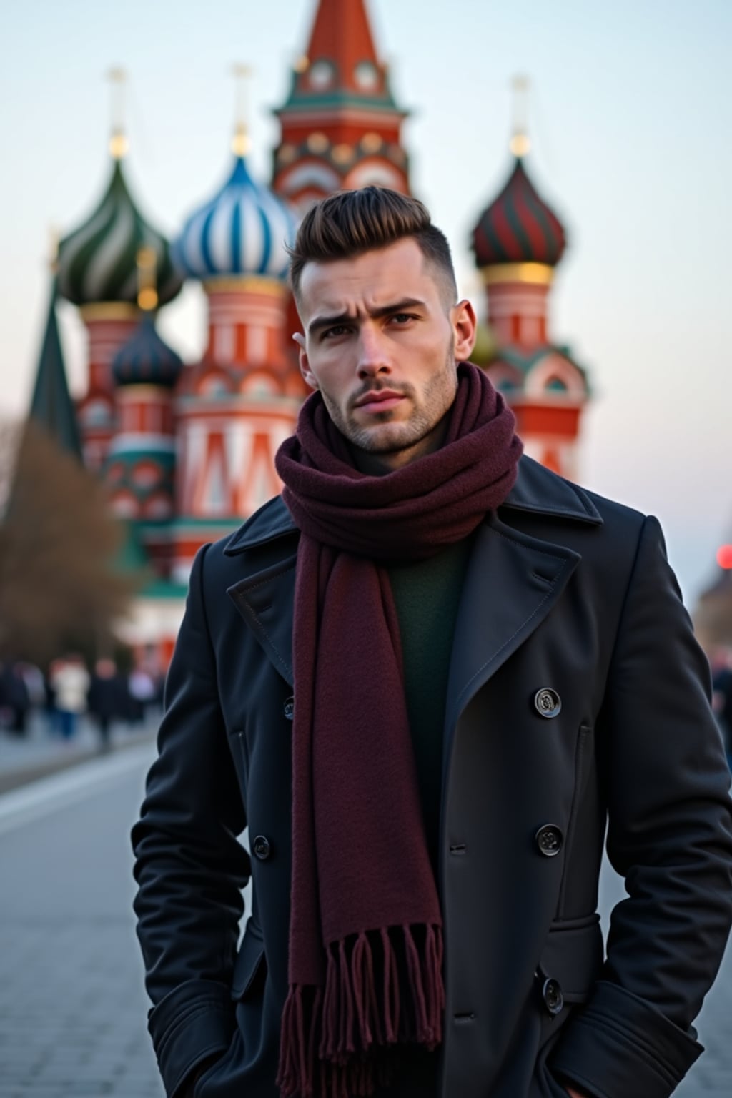 sharp and trendy man in Moscow wearing a stylish coat and scarf, Saint Basil's Cathedral in the background