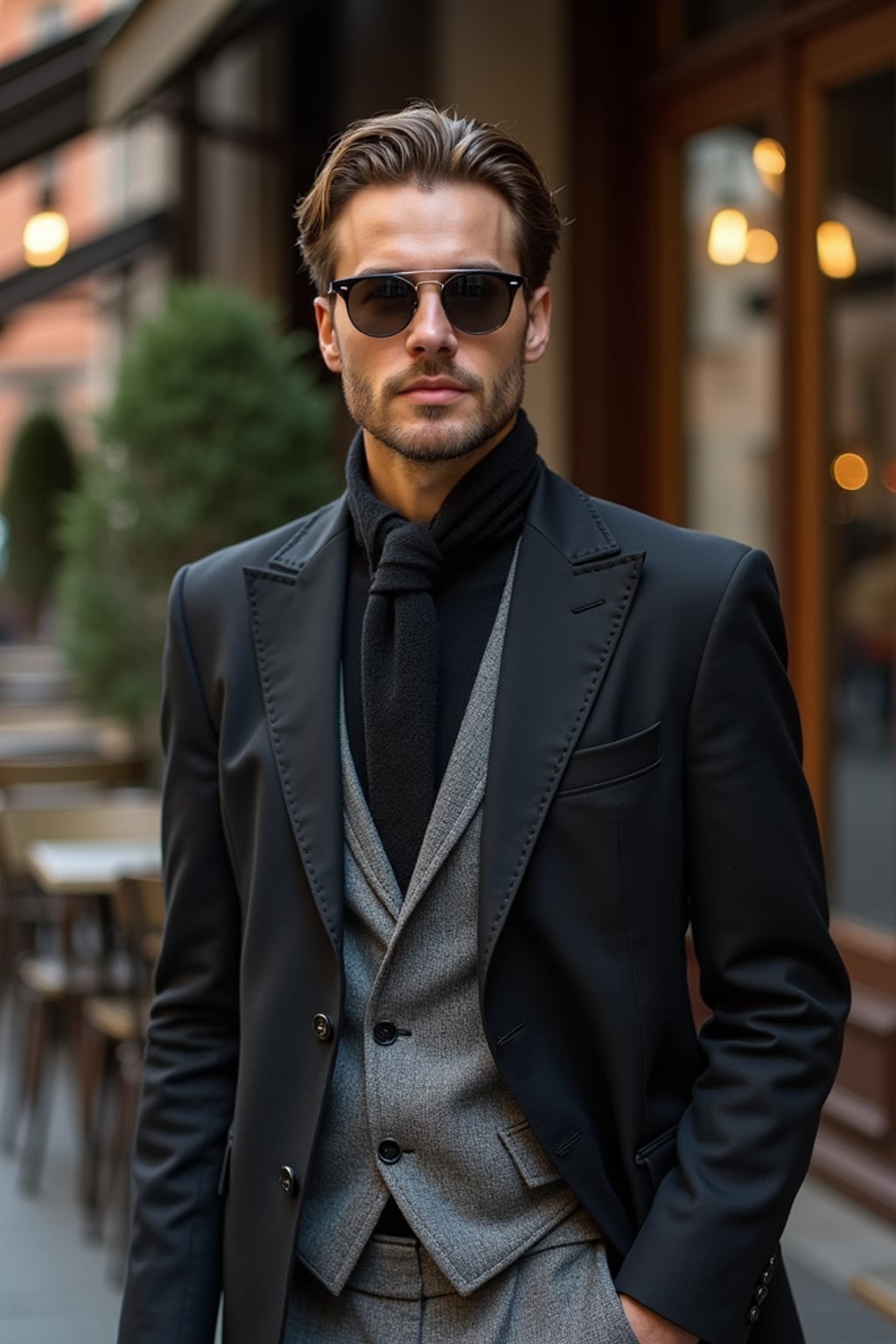 sharp and trendy man in Milan wearing high fashion attire in front of a classic Italian café
