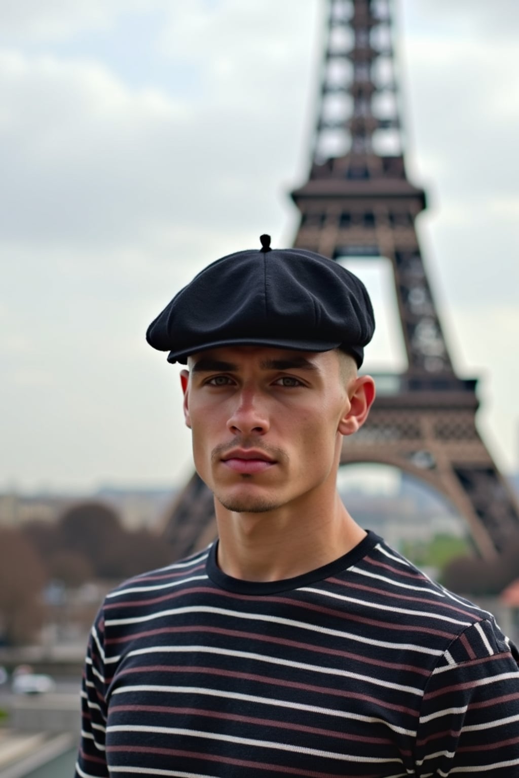 sharp and trendy man in Paris, wearing a beret and striped top, Eiffel Tower in the background