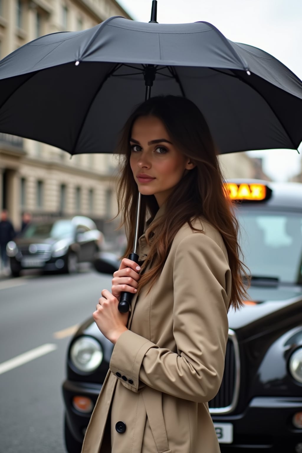 stylish and chic  woman in London sporting a trench coat and holding an umbrella, iconic London cab in the background