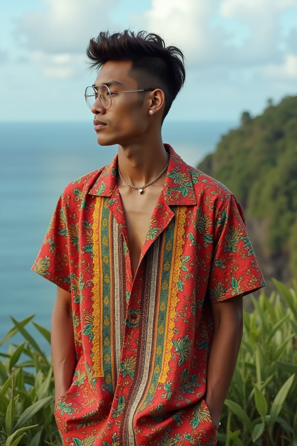 sharp and trendy man in Bali wearing vibrant Batik clothes, Bali, Indonesia in the background
