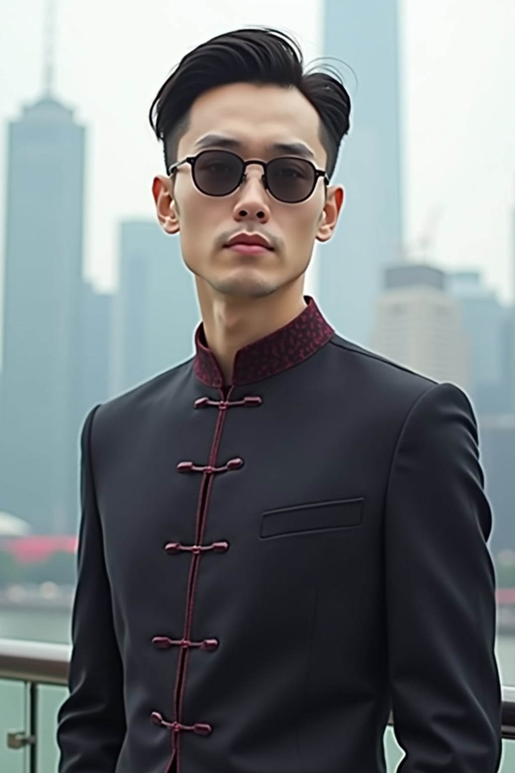 sharp and trendy man in Shanghai wearing a traditional qipao/mandarin-collar suit, modern skyline in the background