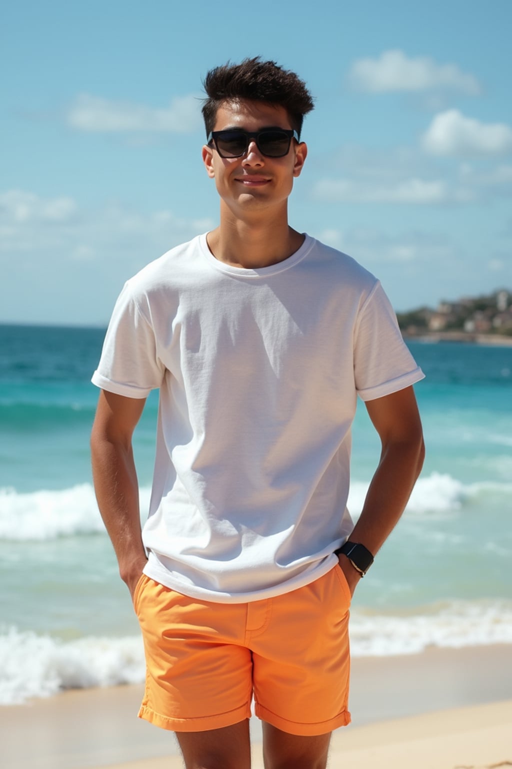 sharp and trendy man in Sydney wearing a summer dress/shorts and t-shirt, Bondi Beach in the background