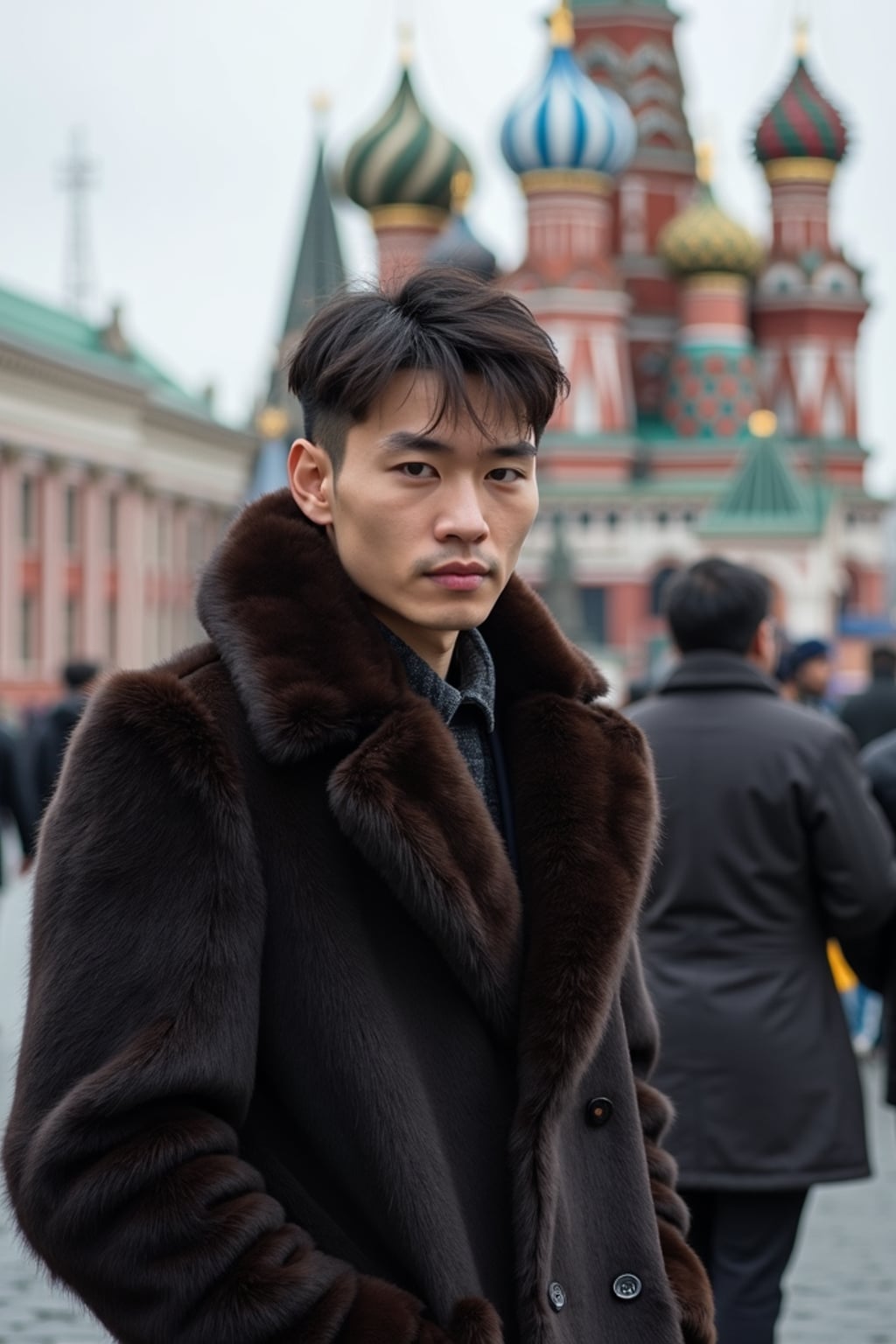 sharp and trendy man in Moscow wearing a faux fur coat, Kremlin in the background