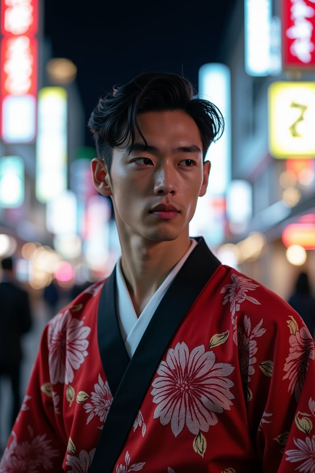 sharp and trendy man in Tokyo wearing a modern take on a traditional kimono, neon lights of the city in the background