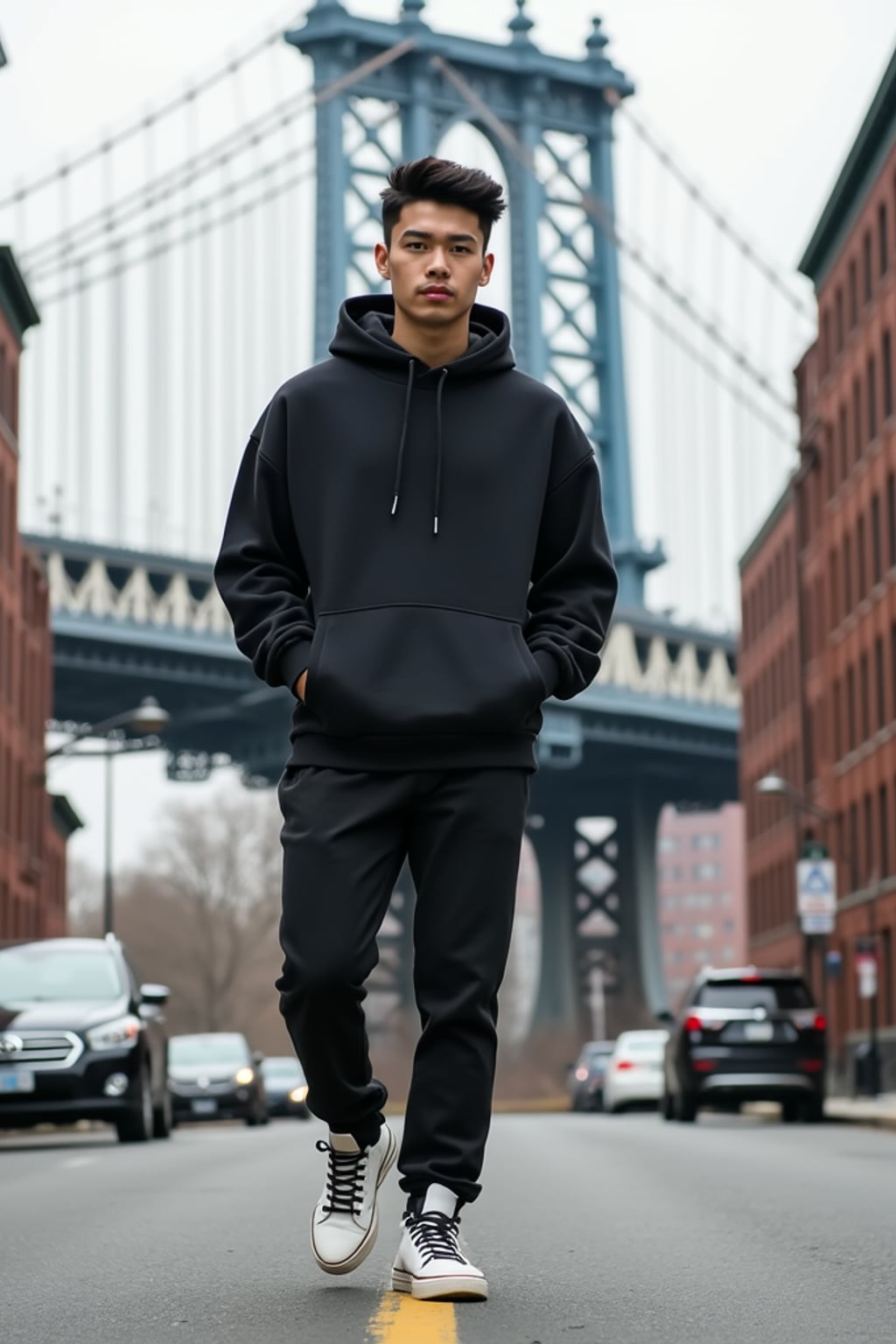 sharp and trendy man in New York City wearing an oversized sweatshirt and high top sneakers, Brooklyn Bridge in the background