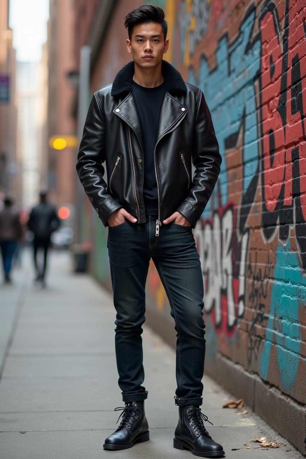 sharp and trendy man in New York City wearing a leather jacket, jeans, and boots with urban graffiti in the background