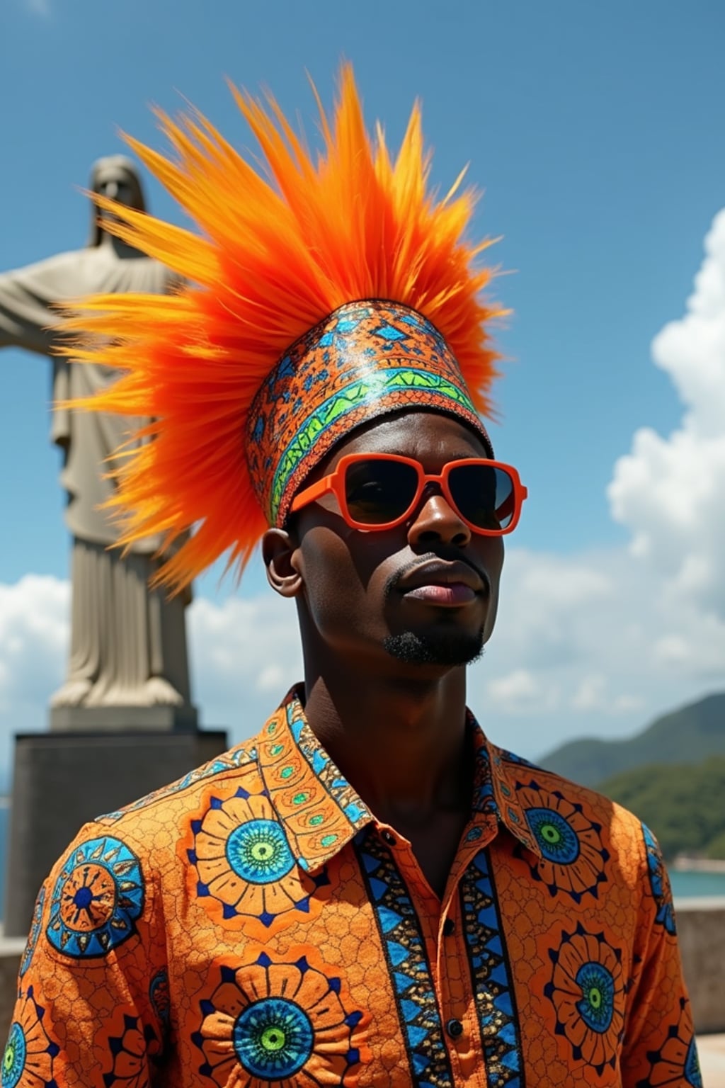 sharp and trendy man in Rio de Janeiro wearing a vibrant carnival-inspired costume, Christ the Redeemer statue in the background