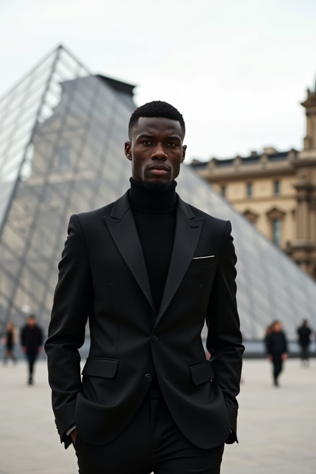 sharp and trendy man in Paris wearing a chic black dress/suit, Louvre pyramid in the background