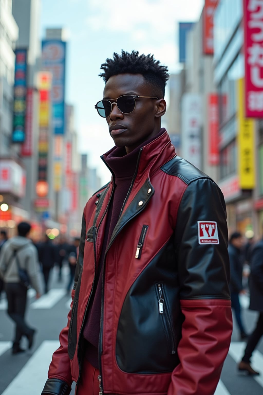 sharp and trendy man in Tokyo wearing a futuristic outfit, Shibuya crossing in the background