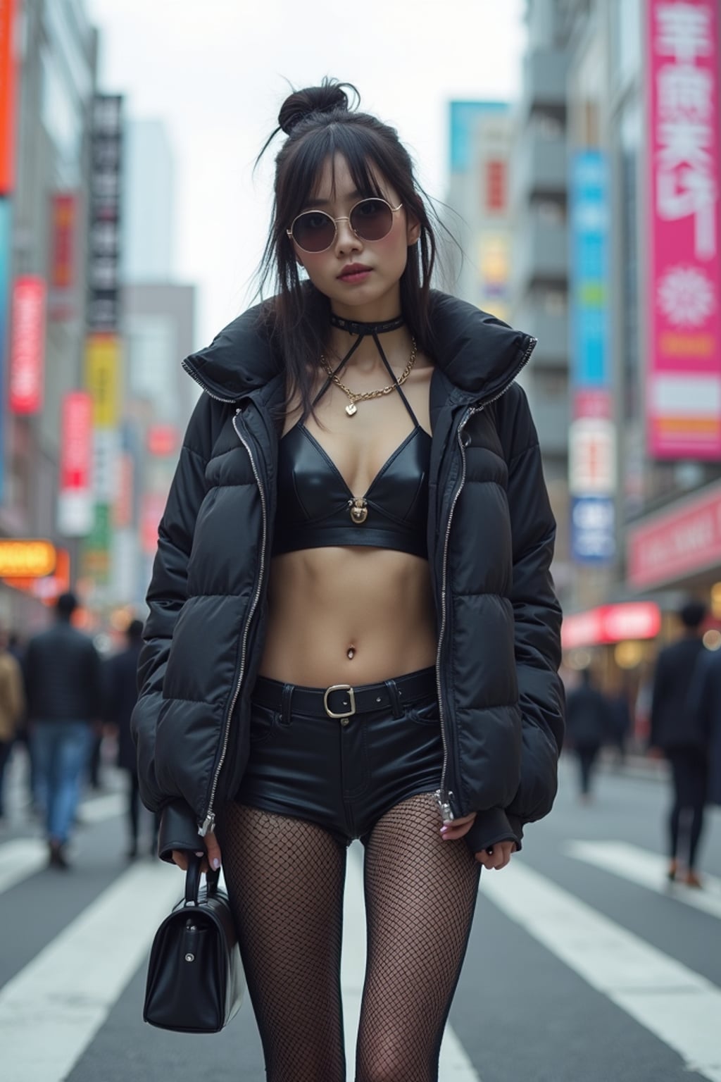 stylish and chic  woman in Tokyo wearing a futuristic outfit, Shibuya crossing in the background