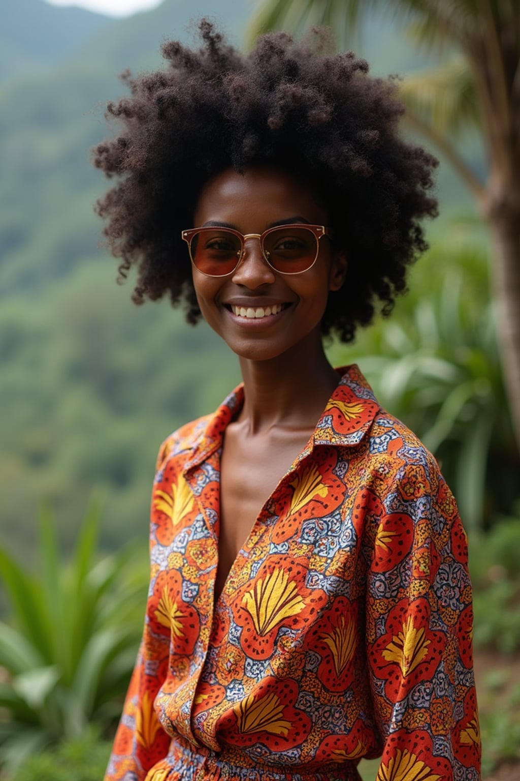 stylish and chic  woman in Bali wearing vibrant Batik clothes, Bali, Indonesia in the background