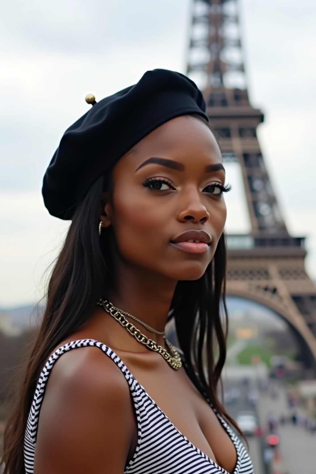 stylish and chic  woman in Paris, wearing a beret and striped top, Eiffel Tower in the background