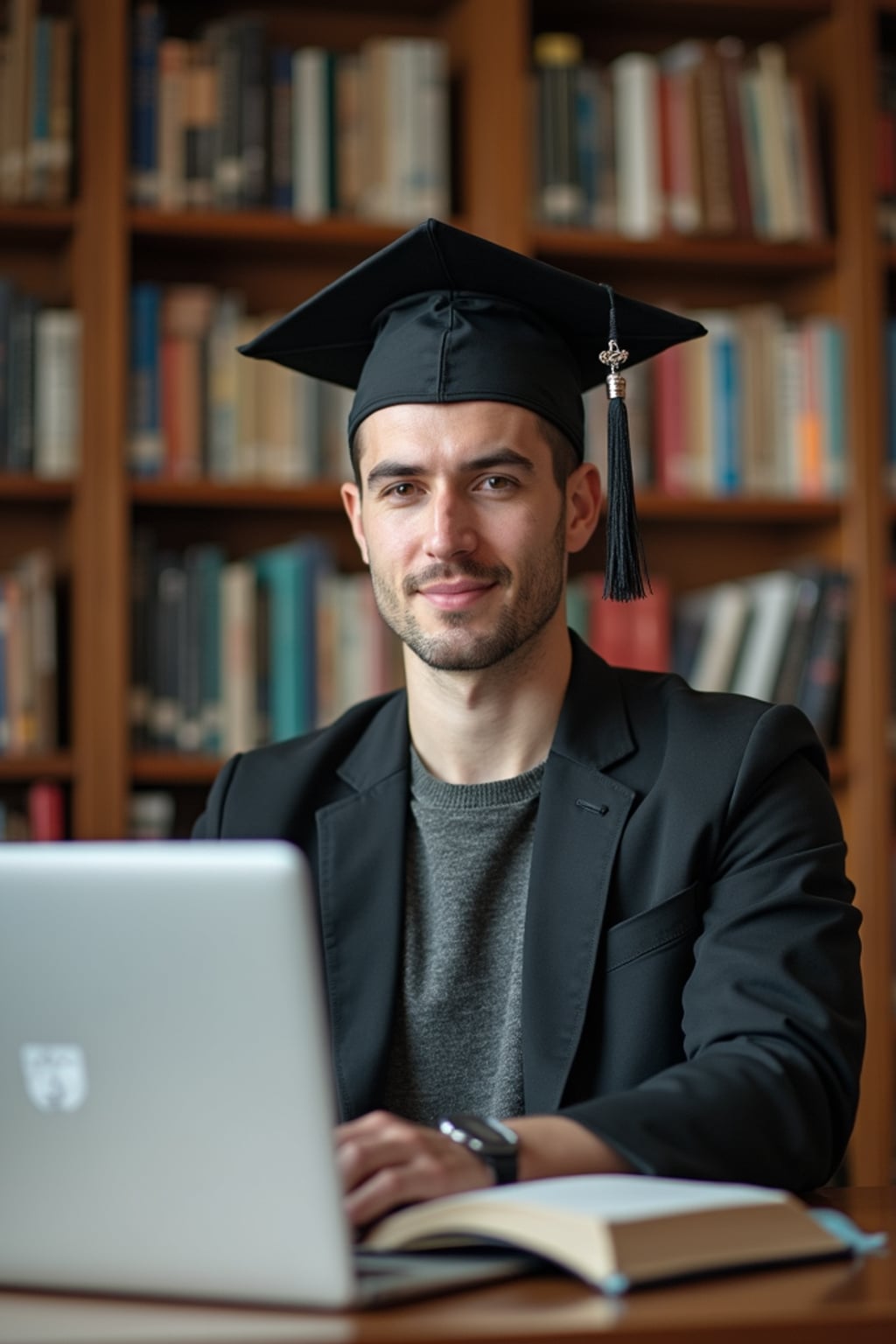 a graduate man surrounded by books and a laptop in unversity