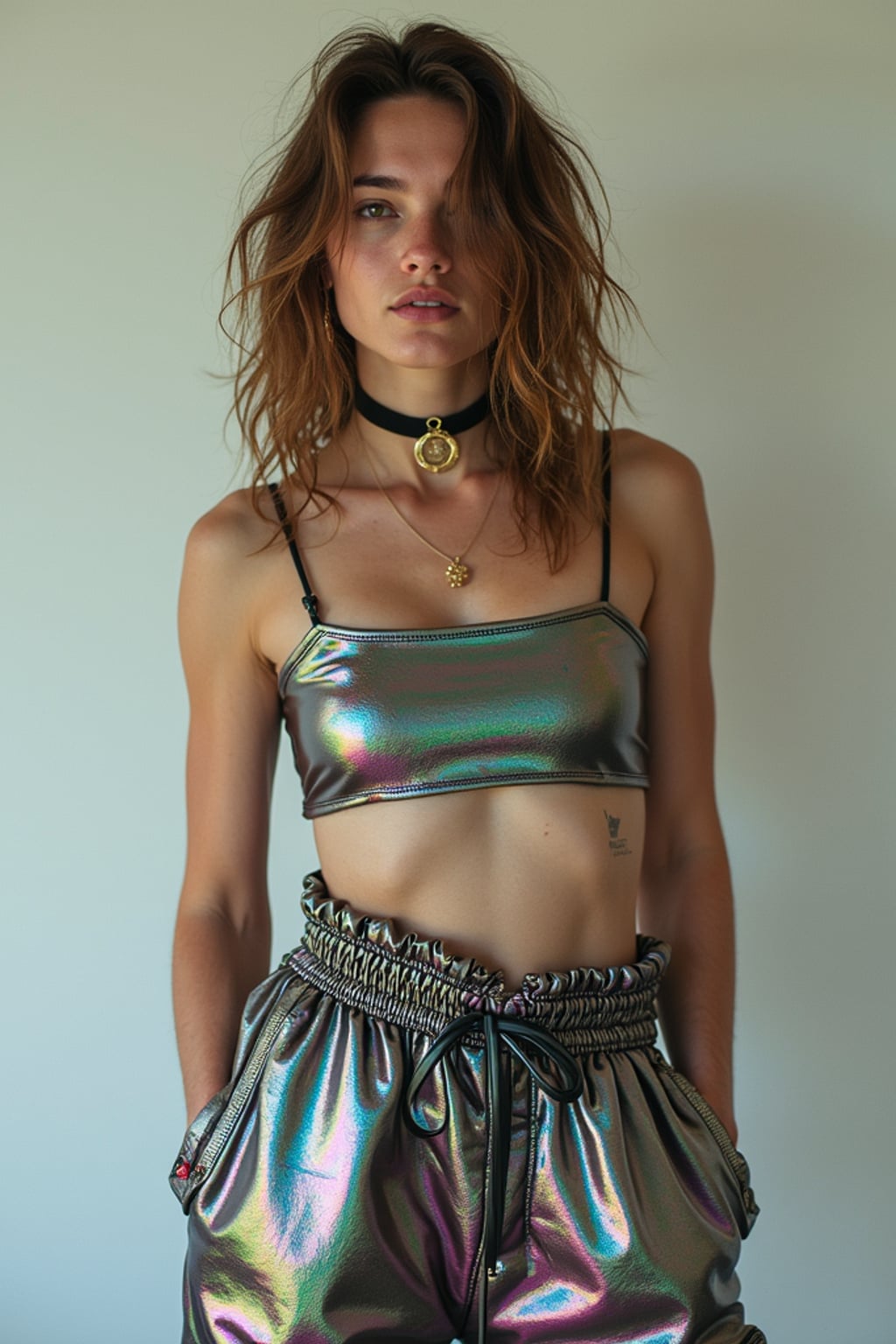 man wearing Y2K aesthetic, 2000s fashion, aughts style, noughties style, grunge or 2000s style, oversized washed out style, baggy pants, low rise pants or cargo pants, crop top, Choker, Metallic, iridescent fabrics, posing for photo