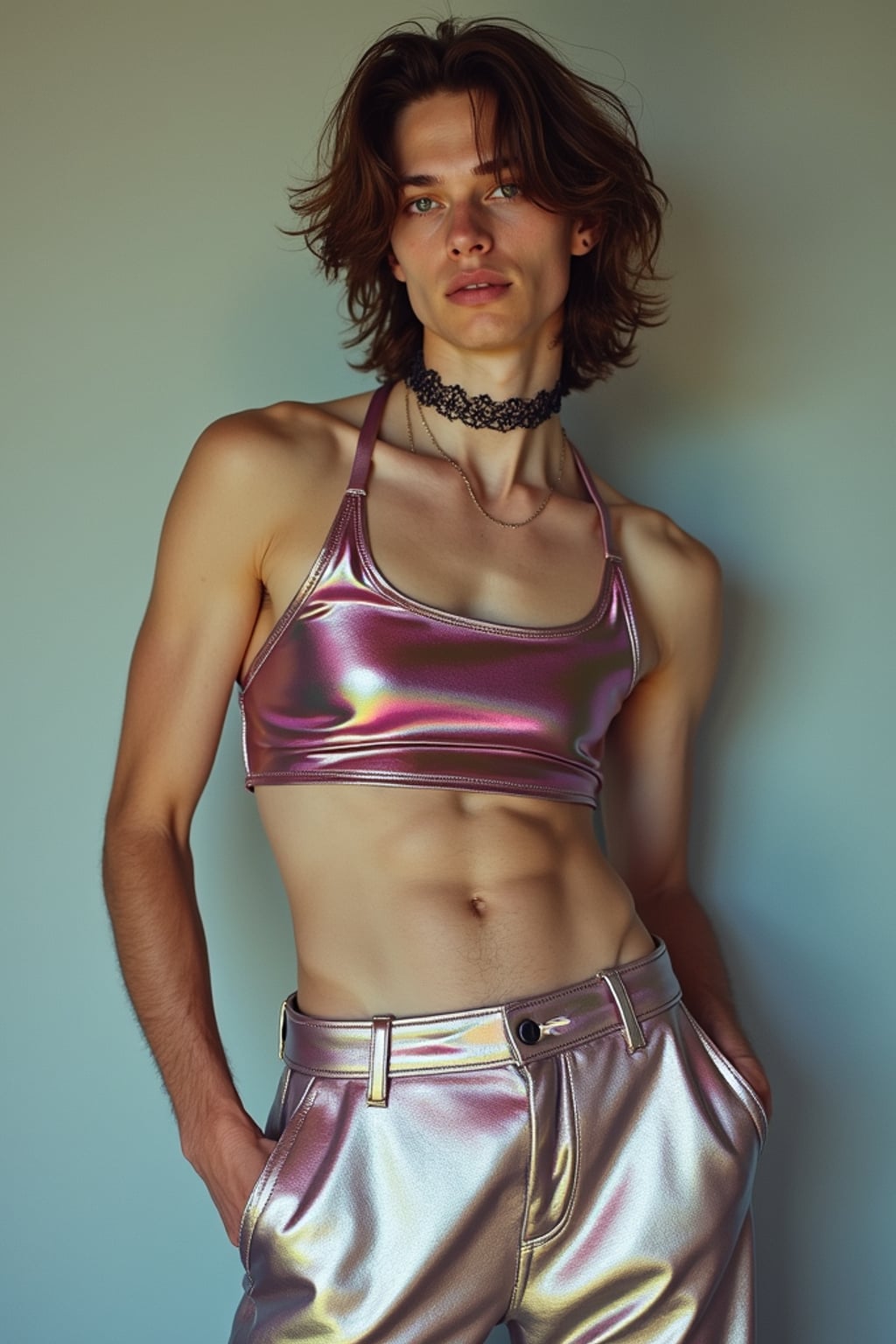 man wearing Y2K aesthetic, 2000s fashion, aughts style, noughties style, grunge or 2000s style, oversized washed out style, baggy pants, low rise pants or cargo pants, crop top, Choker, Metallic, iridescent fabrics, posing for photo