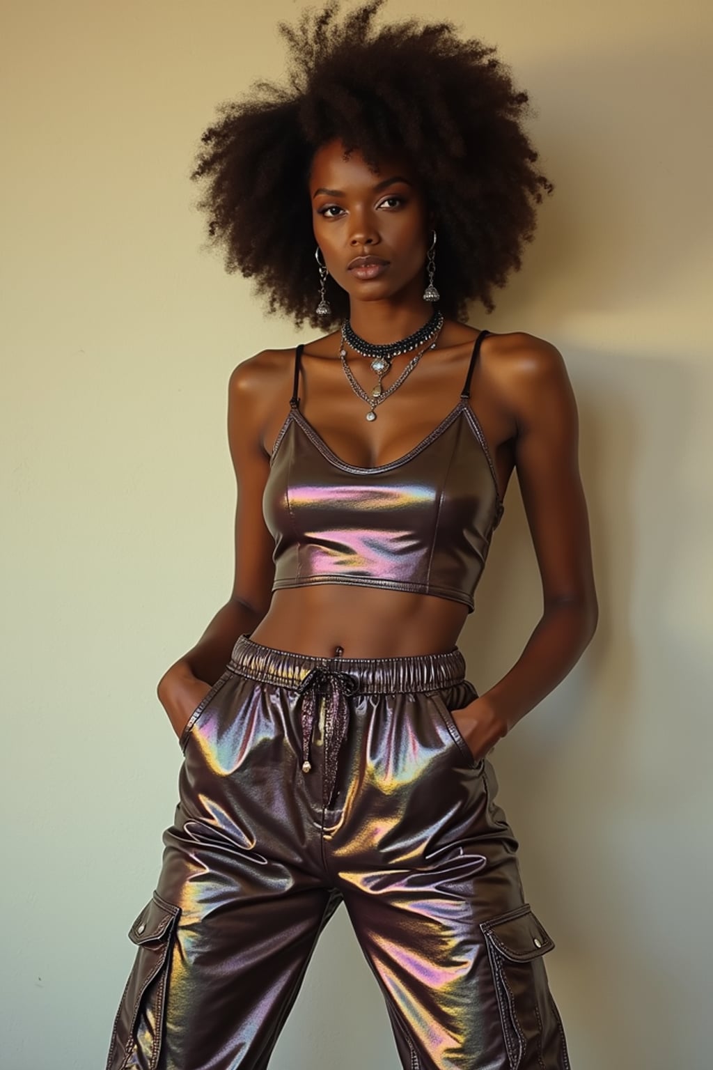 woman wearing Y2K aesthetic, 2000s fashion, aughts style, noughties style, grunge or 2000s style, oversized washed out style, baggy pants, low rise pants or cargo pants, crop top, Choker, Metallic, iridescent fabrics, posing for photo