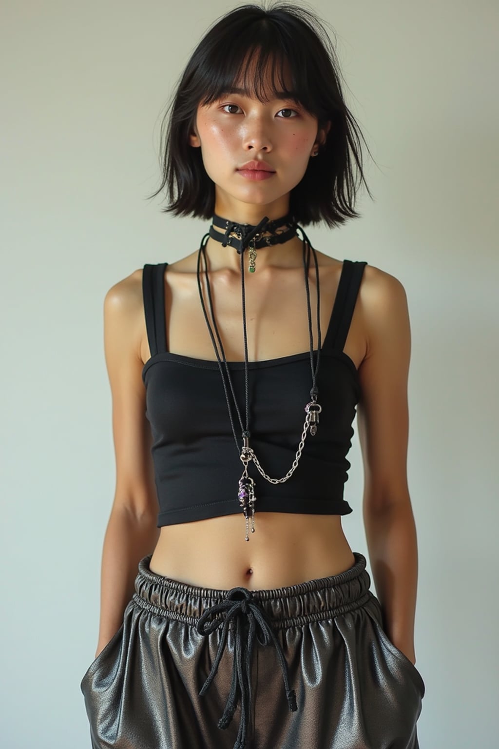 man wearing Y2K aesthetic, 2000s fashion, aughts style, noughties style, grunge or 2000s style, oversized washed out style, baggy pants, low rise pants or cargo pants, crop top, Choker, Metallic, iridescent fabrics, posing for photo