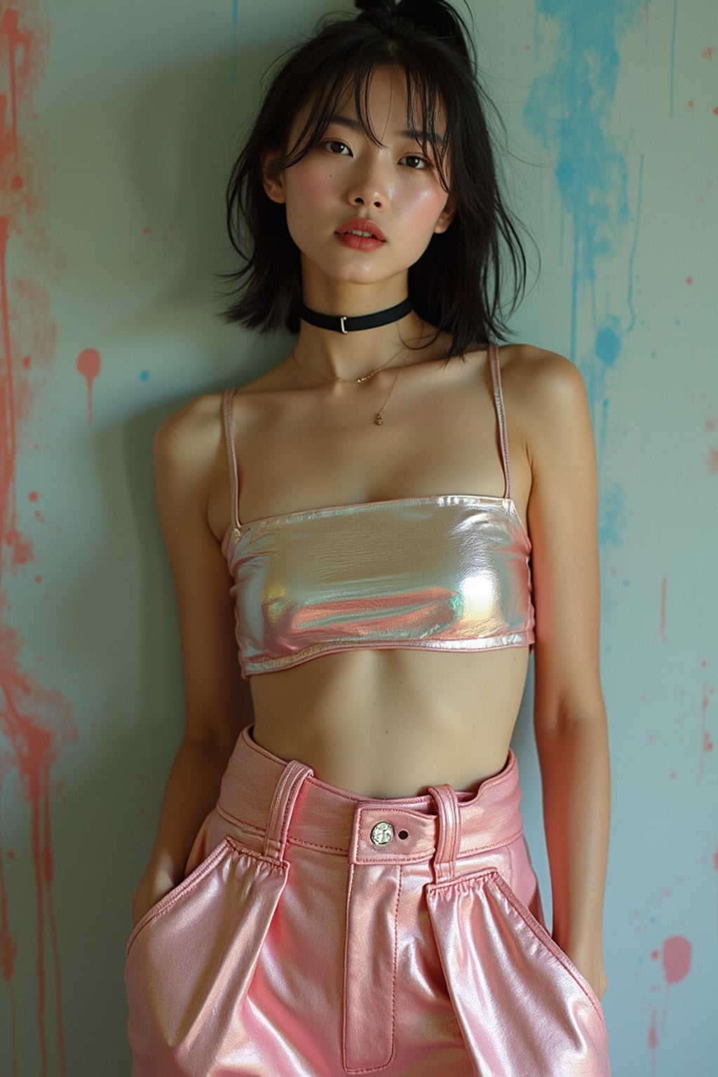woman wearing Y2K aesthetic, 2000s fashion, aughts style, noughties style, grunge or 2000s style, oversized washed out style, baggy pants, low rise pants or cargo pants, crop top, Choker, Metallic, iridescent fabrics, posing for photo