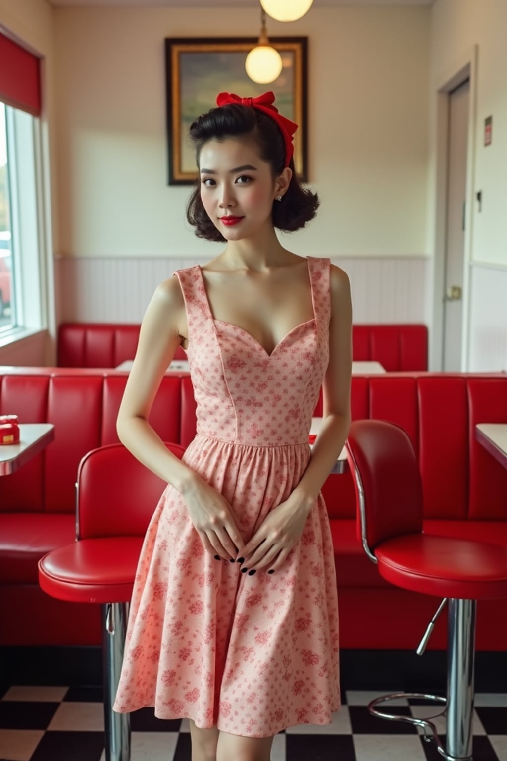 woman in retro 1950s diner photo shoot. posing in front of red 1950s barstools.  woman wearing 1950s pin up dress and 1950s red hair tie. white interior with red seats and black and white flooring.