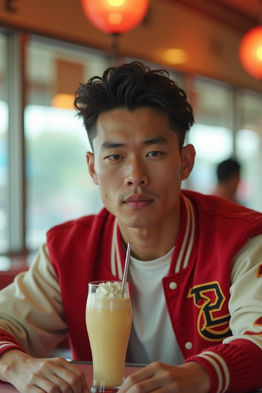 man in retro 1950s diner photo shoot. one milkshake in front. man wearing varsity bomber