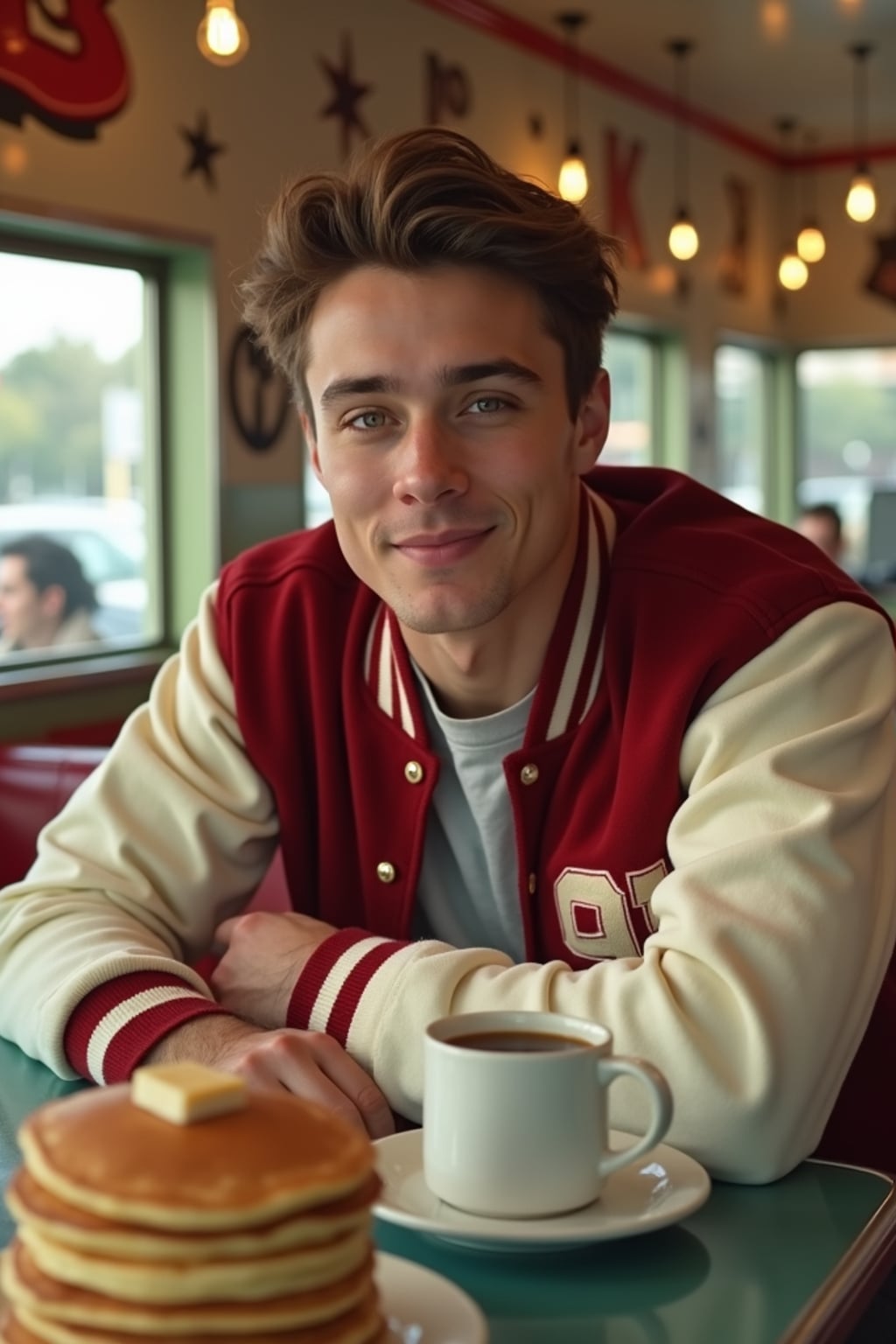 man in retro 1950s diner photo shoot. stack of pancakes and one coffee mug in front. man wearing varsity bomber