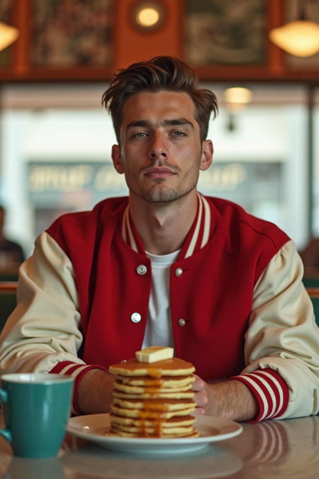 man in retro 1950s diner photo shoot. stack of pancakes and one coffee mug in front. man wearing varsity bomber