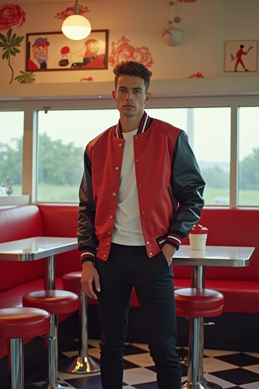 man in retro 1950s diner photo shoot. posing in front of red 1950s barstools. man wearing varsity bomber . white interior with red seats and black and white flooring.