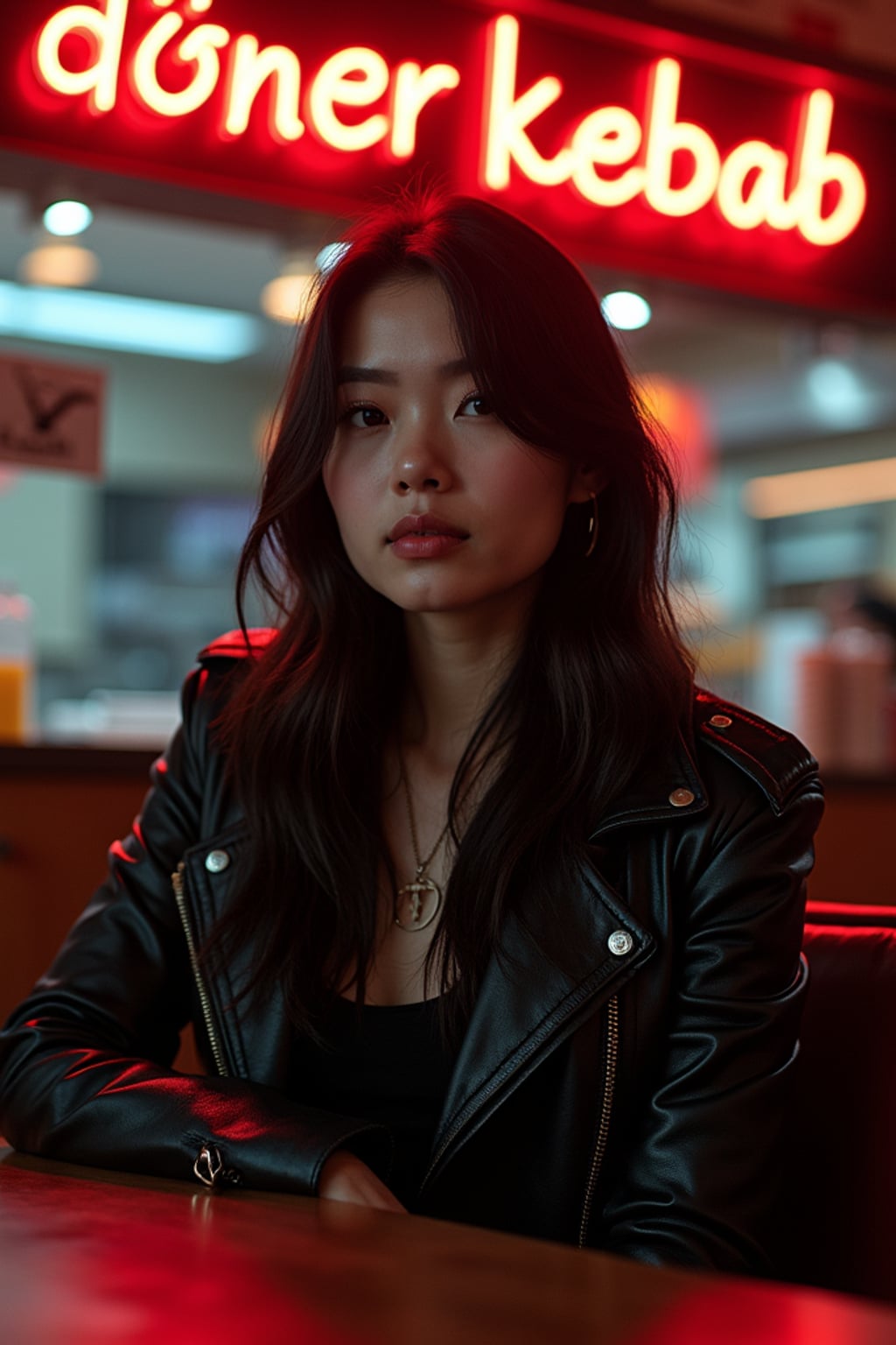 woman sitting at an indoor Doner Kebab Takeaway Restaurant at night. the woman wears black leather jacket. neon light say "döner kebab" in caps.
